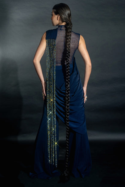 Midnight Blue Volvo Bead String Embroidered Pant Saree Set
