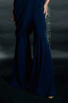 Midnight Blue Volvo Bead String Embroidered Pant Saree Set