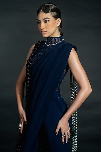 Midnight Blue Volvo Bead String Embroidered Pant Saree Set