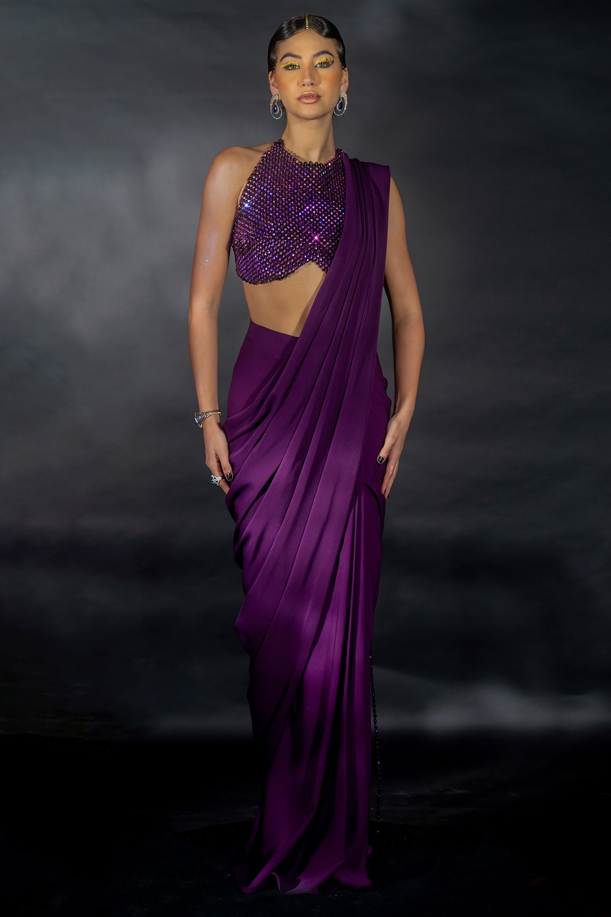 Purple Volvo Bead String Embroidered Pre-Stitched Saree Set