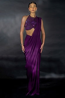 Purple Volvo Bead String Embroidered Pre-Stitched Saree Set