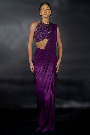 Purple Volvo Bead String Embroidered Pre-Stitched Saree Set
