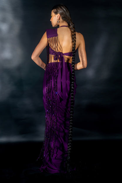 Purple Volvo Bead String Embroidered Pre-Stitched Saree Set