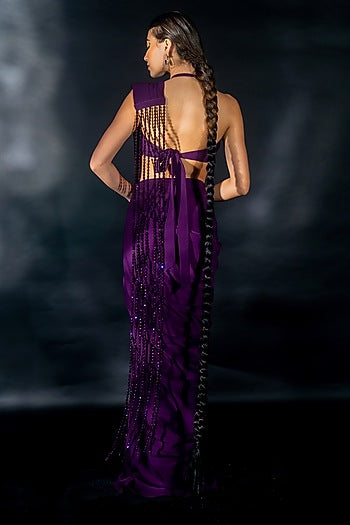 Purple Volvo Bead String Embroidered Pre-Stitched Saree Set