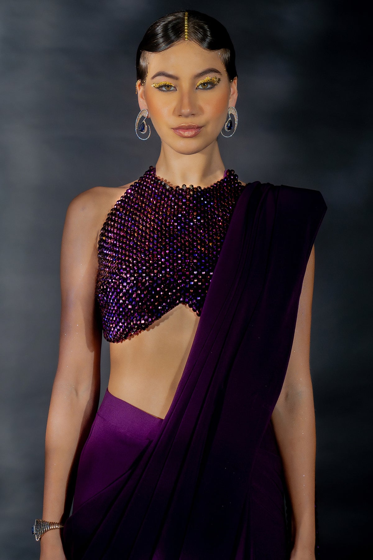 Purple Volvo Bead String Embroidered Pre-Stitched Saree Set