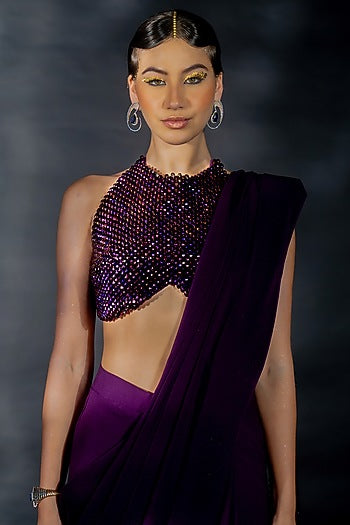 Purple Volvo Bead String Embroidered Pre-Stitched Saree Set