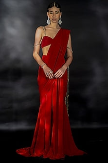 Red Volvo Crystal String Embroidered Pre-Stitched Saree Set