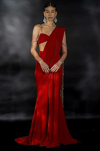Red Volvo Crystal String Embroidered Pre-Stitched Saree Set