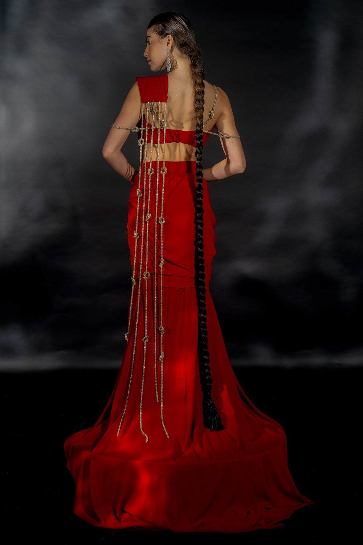 Red Volvo Crystal String Embroidered Pre-Stitched Saree Set
