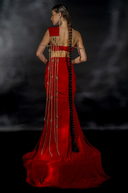 Red Volvo Crystal String Embroidered Pre-Stitched Saree Set