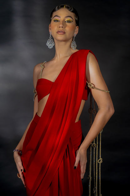 Red Volvo Crystal String Embroidered Pre-Stitched Saree Set