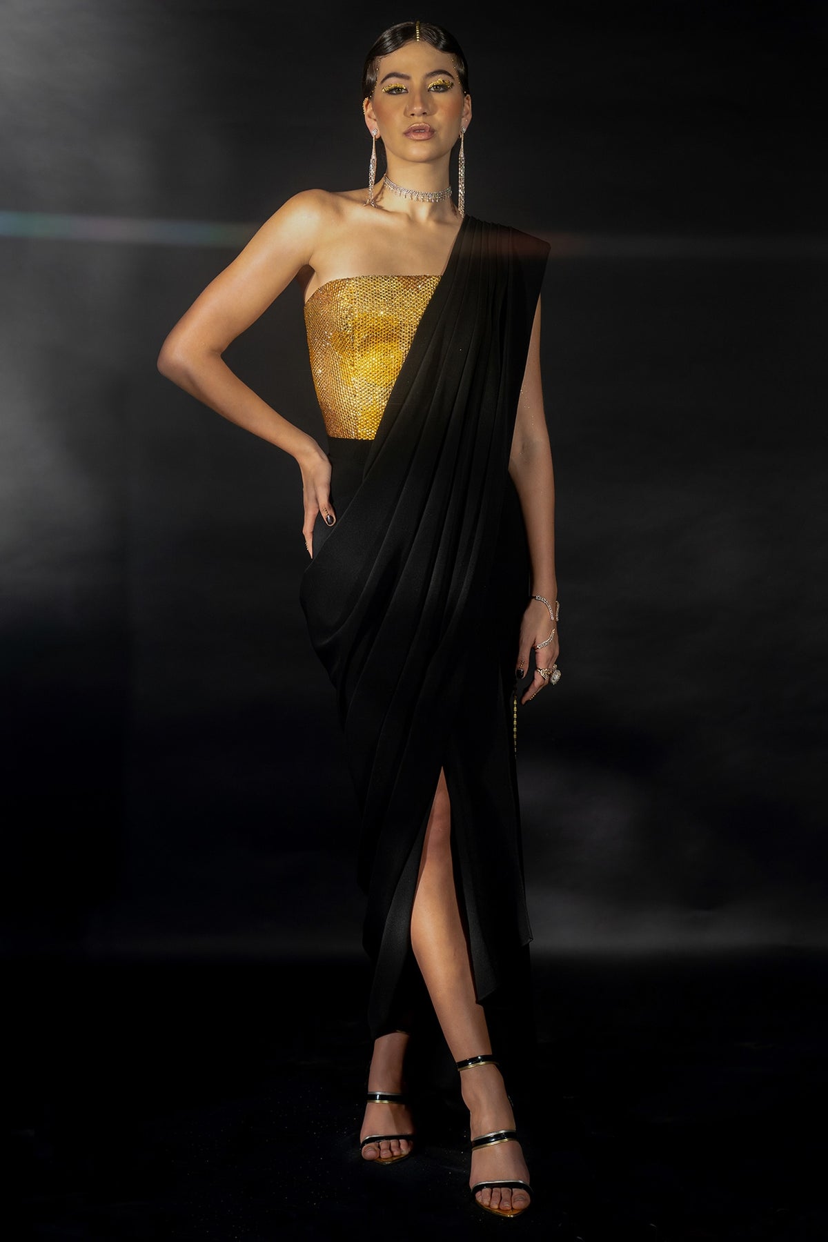 Black Volvo Diamond String Embroidered Pre-Stitched Saree Set