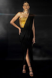 Black Volvo Diamond String Embroidered Pre-Stitched Saree Set