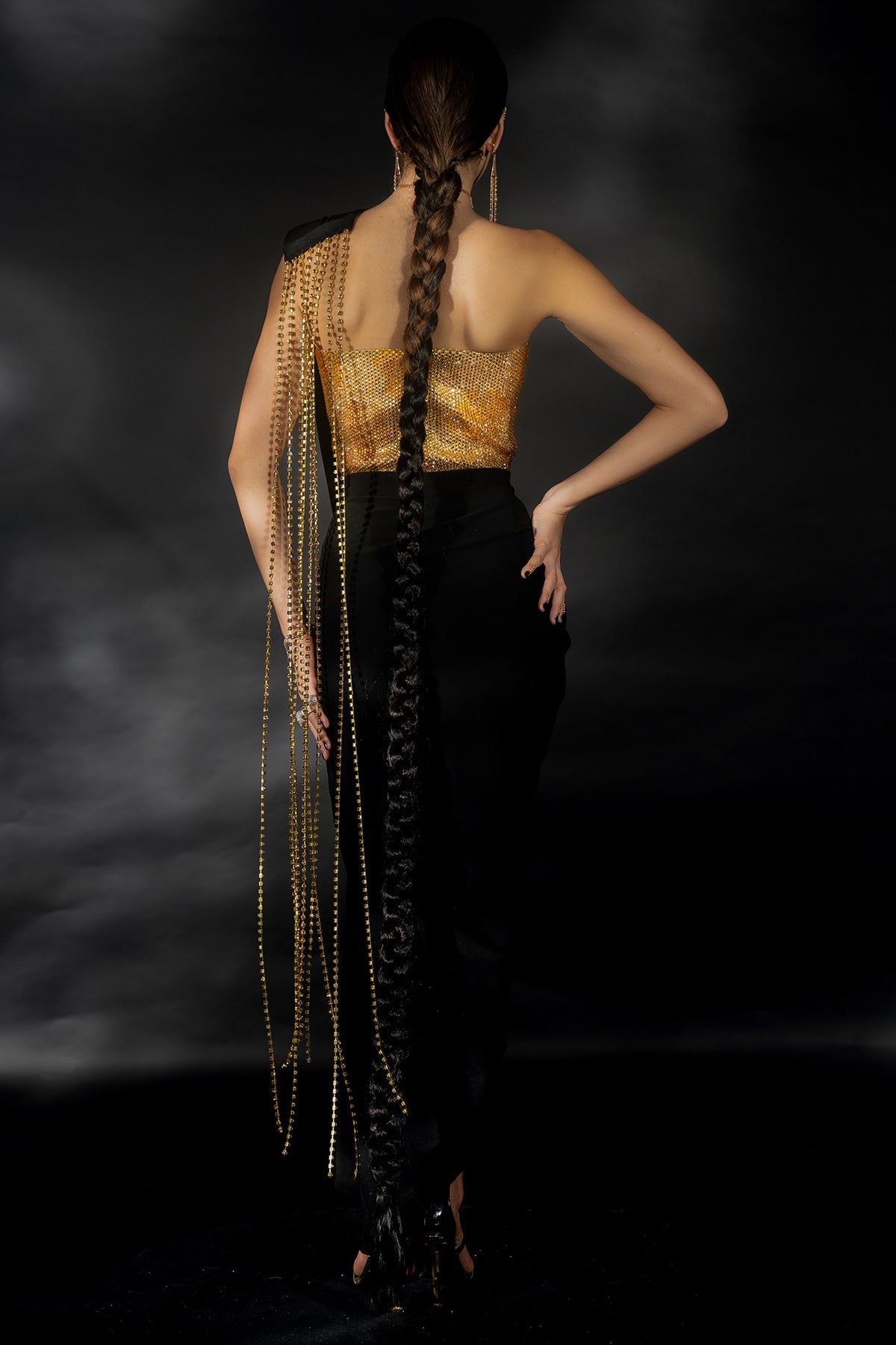 Black Volvo Diamond String Embroidered Pre-Stitched Saree Set
