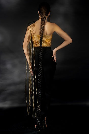 Black Volvo Diamond String Embroidered Pre-Stitched Saree Set