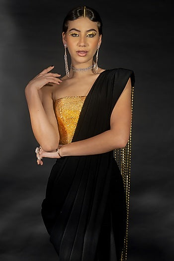 Black Volvo Diamond String Embroidered Pre-Stitched Saree Set
