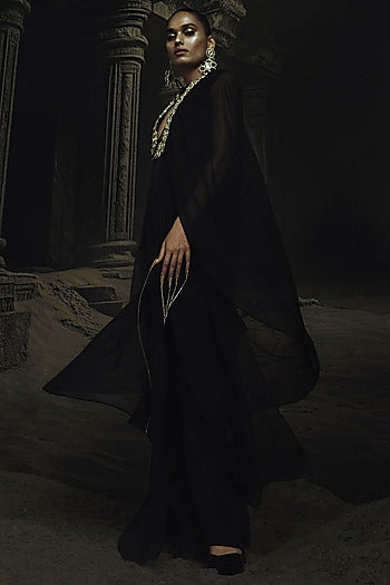 Black Georgette & Volvo Kundan Embroidered Kaftan Set