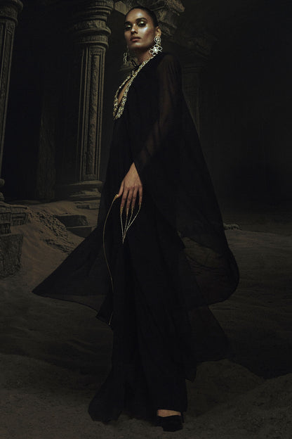 Black Georgette & Volvo Kundan Embroidered Kaftan Set