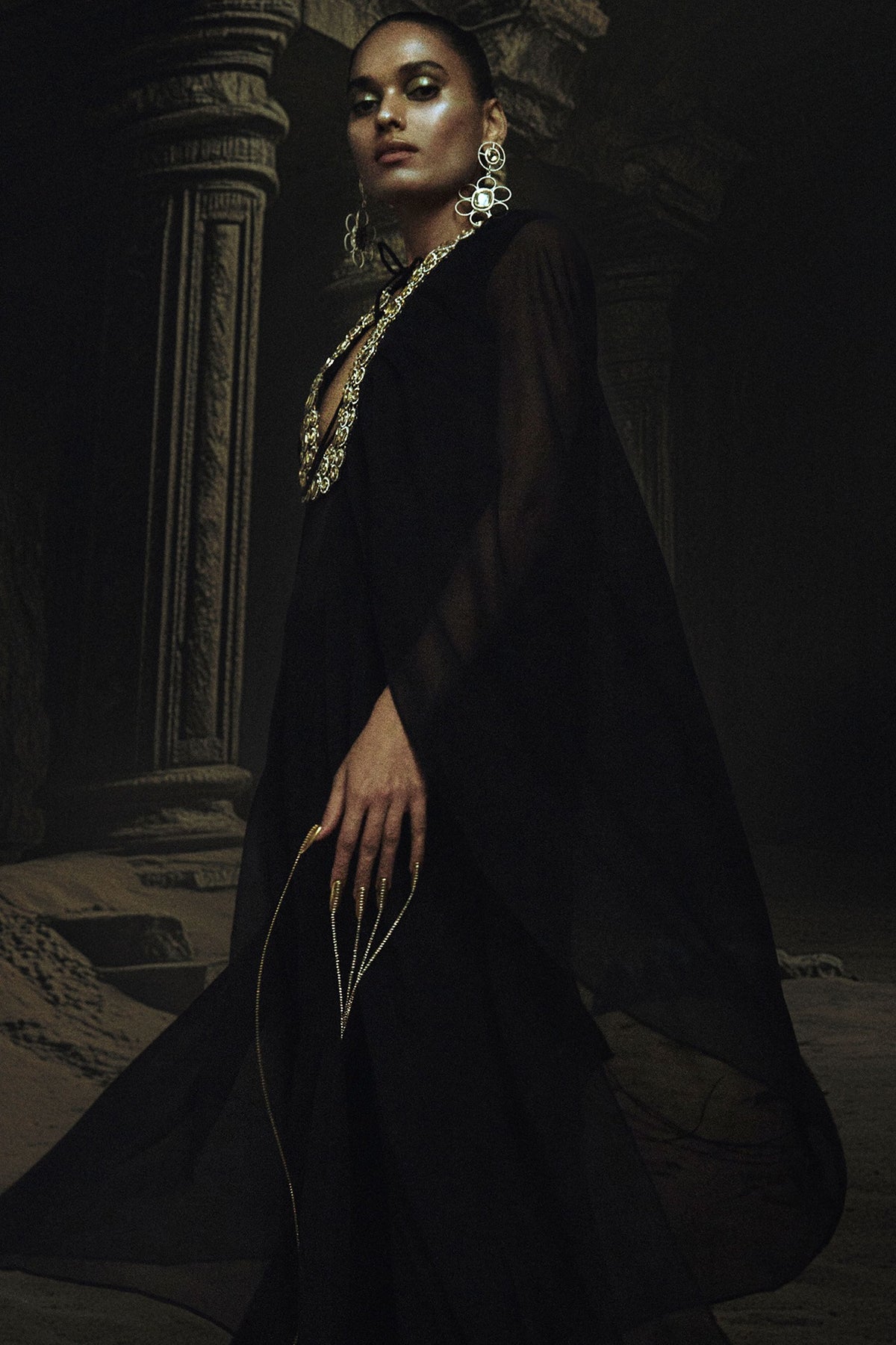 Black Georgette & Volvo Kundan Embroidered Kaftan Set