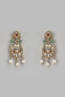 Gold Finish Kundan Polki & Rice Pearl Chandbali Earrings In Sterling Silver