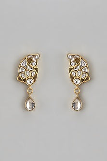 Gold Finish Kundan Polki & Fish Motif Dangler Earrings In Sterling Silver