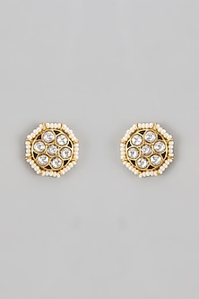 Gold Finish Kundan Polki & Seed Pearl Floral Stud Earrings In Sterling Silver
