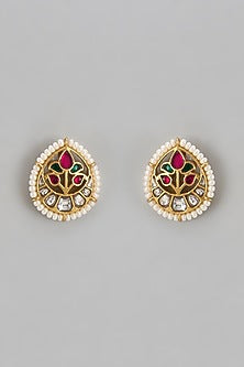 Gold Finish Multi-Colored Jadau Stone & Kundan Polki Floral Stud Earrings In Sterling Silver