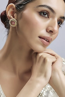 Gold Finish Multi-Colored Jadau Stone & Kundan Polk Florali Stud Earrings In Sterling Silver