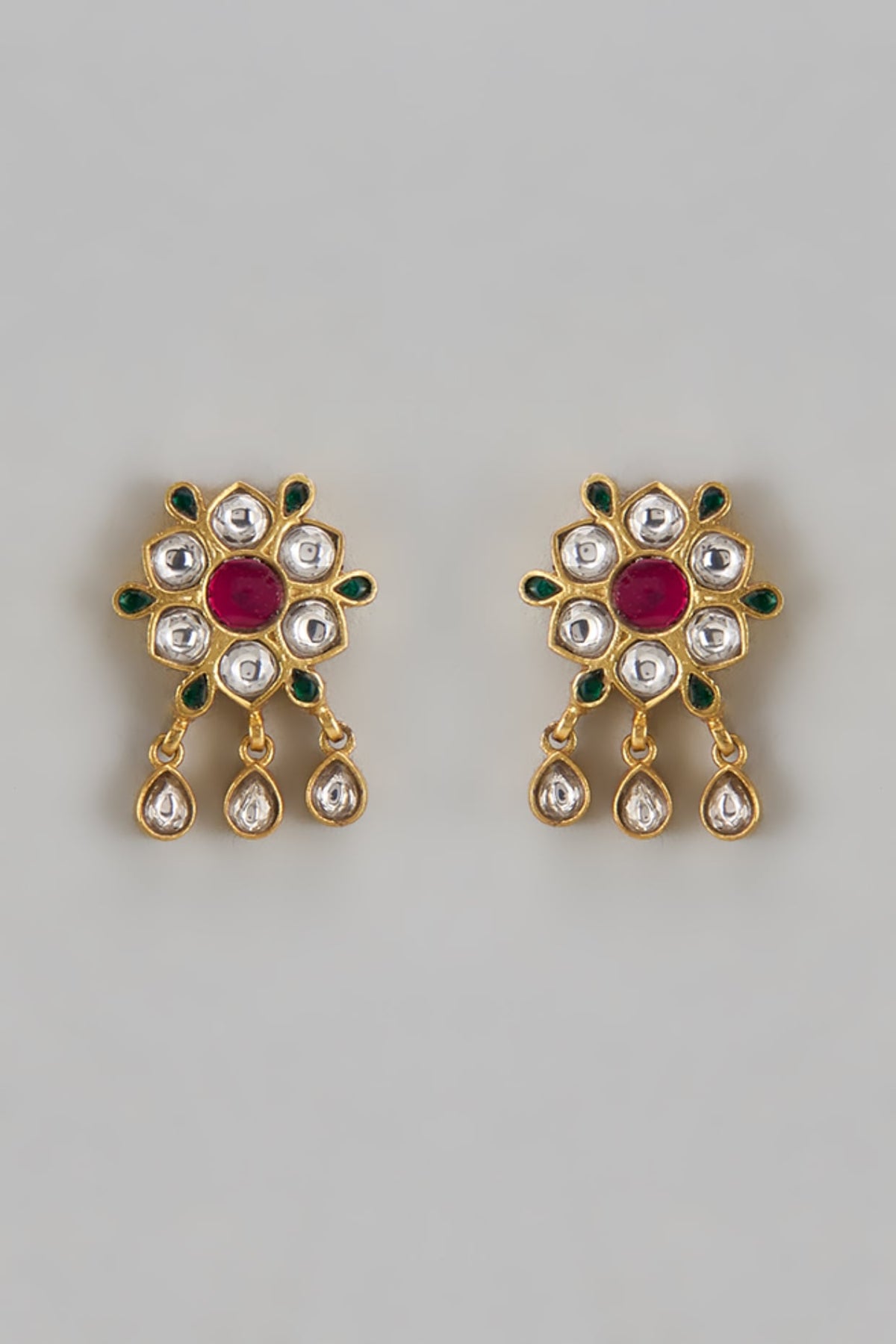 Antique Gold Finish Floral Motif & Kundan Polki Stud Earrings In Sterling Silver