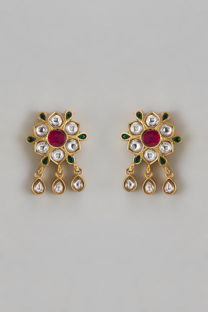 Antique Gold Finish Floral Motif & Kundan Polki Stud Earrings In Sterling Silver