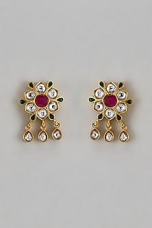 Antique Gold Finish Floral Motif & Kundan Polki Stud Earrings In Sterling Silver
