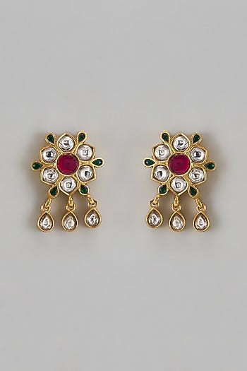 Antique Gold Finish Floral Motif & Kundan Polki Stud Earrings In Sterling Silver
