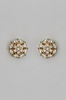 Antique Gold Finish Kundan Polki & Green Stone Stud Earrings In Sterling Silver