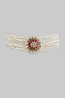 Antique Gold Finish Kundan Polki & Seed Pearl Choker Necklace In Sterling Silver