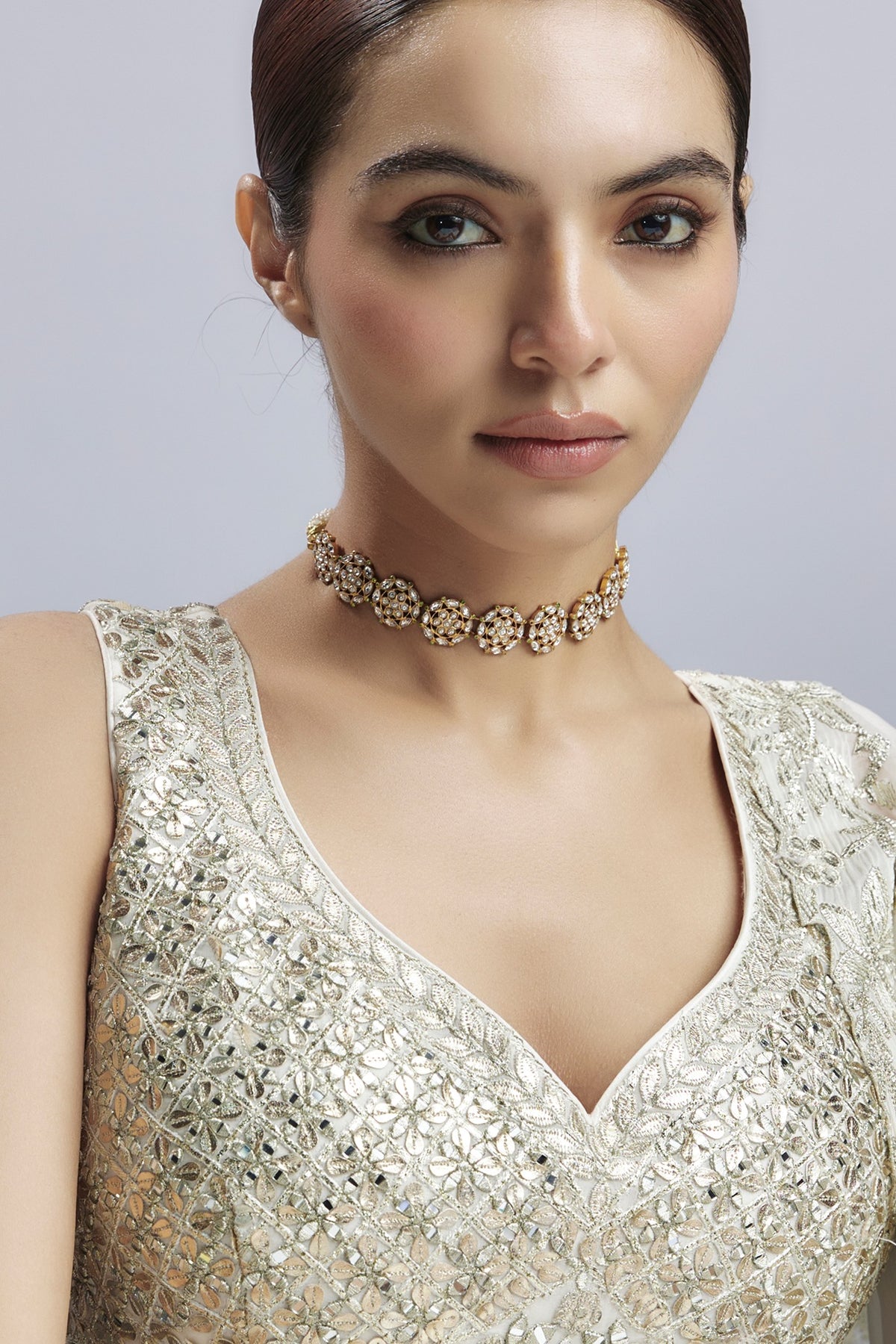 Gold Plated Kundan Polki & Jadau Stone Choker Necklace In Sterling Silver