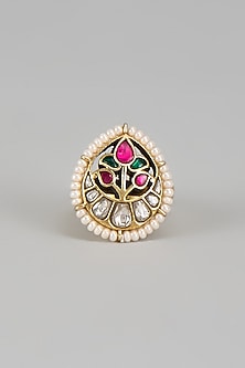 Gold Plated Kundan Polki & Seed Pearl Ring In Sterling Silver