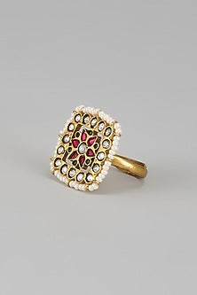 Gold Plated Kundan Polki & Seed Pearl Ring In Sterling Silver