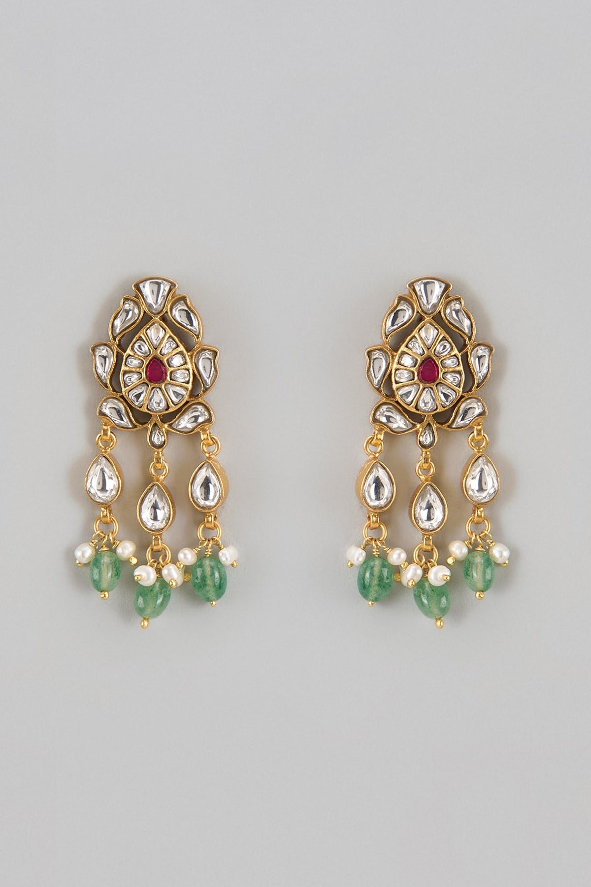 Gold Finish Kundan Polki & Jadau Dangler Earrings In Sterling Silver