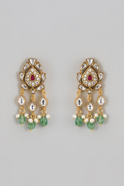 Gold Finish Kundan Polki & Jadau Dangler Earrings In Sterling Silver