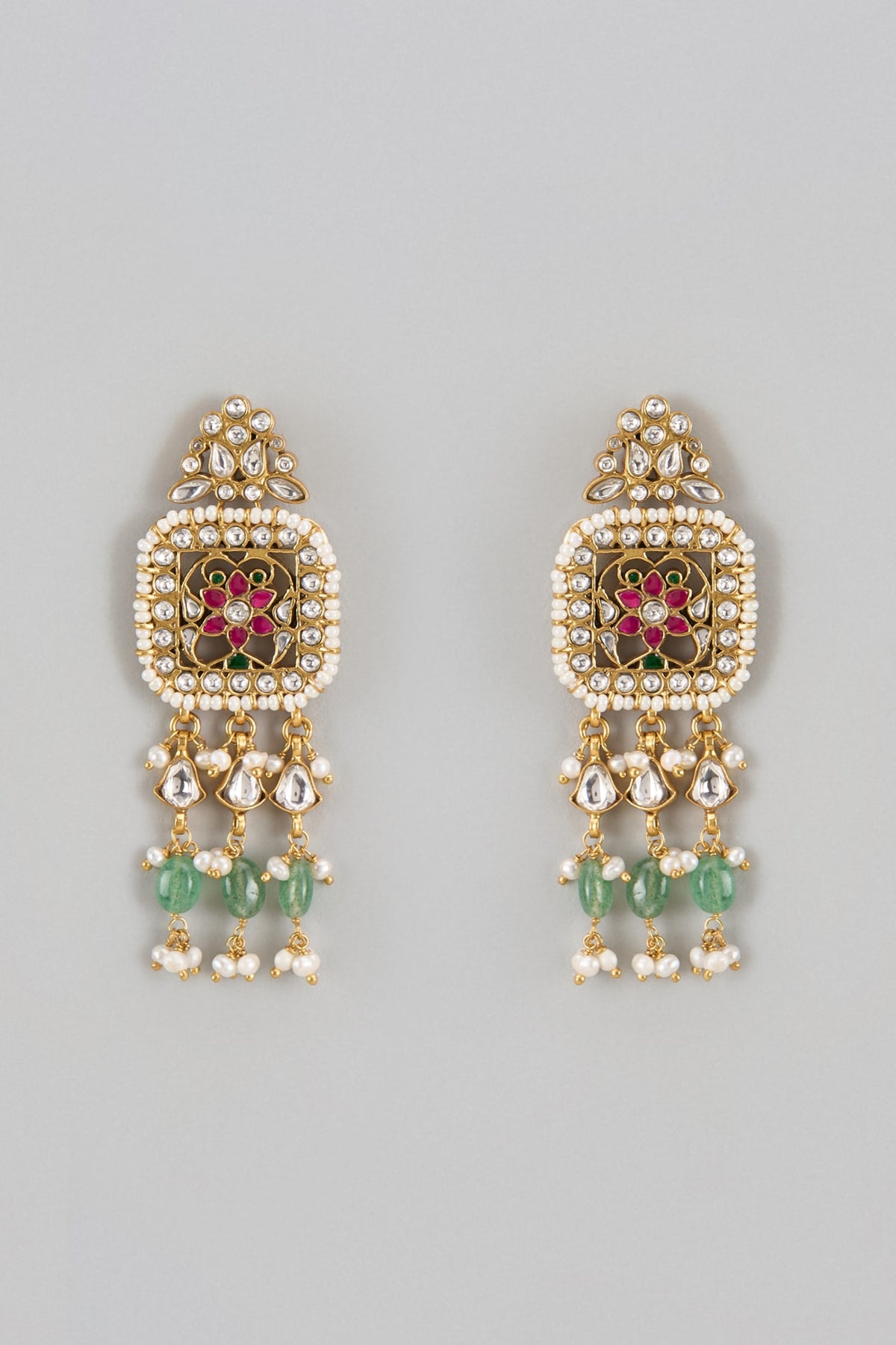 Gold Finish Kundan Polki & Jadau Dangler Earrings In Sterling Silver