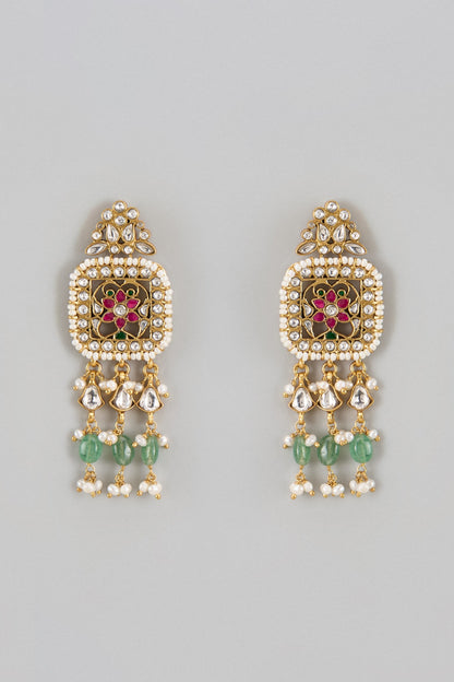 Gold Finish Kundan Polki & Jadau Dangler Earrings In Sterling Silver