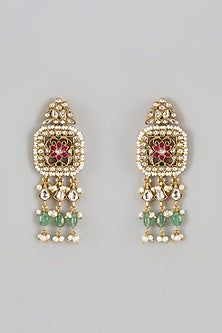Gold Finish Kundan Polki & Jadau Dangler Earrings In Sterling Silver