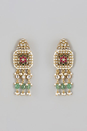 Gold Finish Kundan Polki & Jadau Dangler Earrings In Sterling Silver