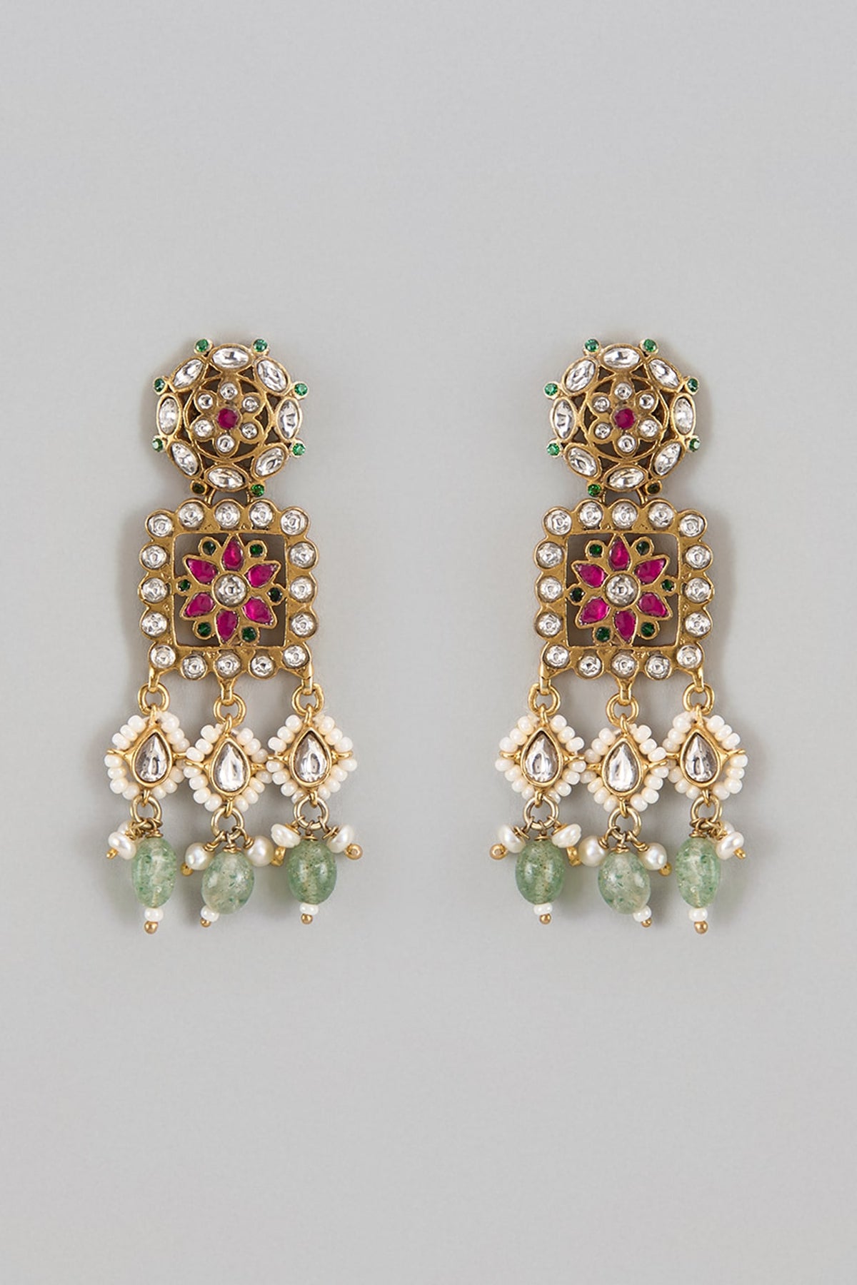 Gold Finish Kundan Polki & Jadau Dangler Earrings In Sterling Silver