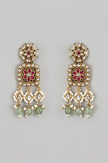 Gold Finish Kundan Polki & Jadau Dangler Earrings In Sterling Silver