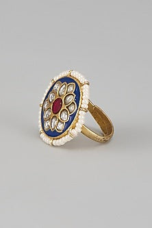 Gold Plated Kundan Polki & Jadau Meenakari Ring In Sterling Silver