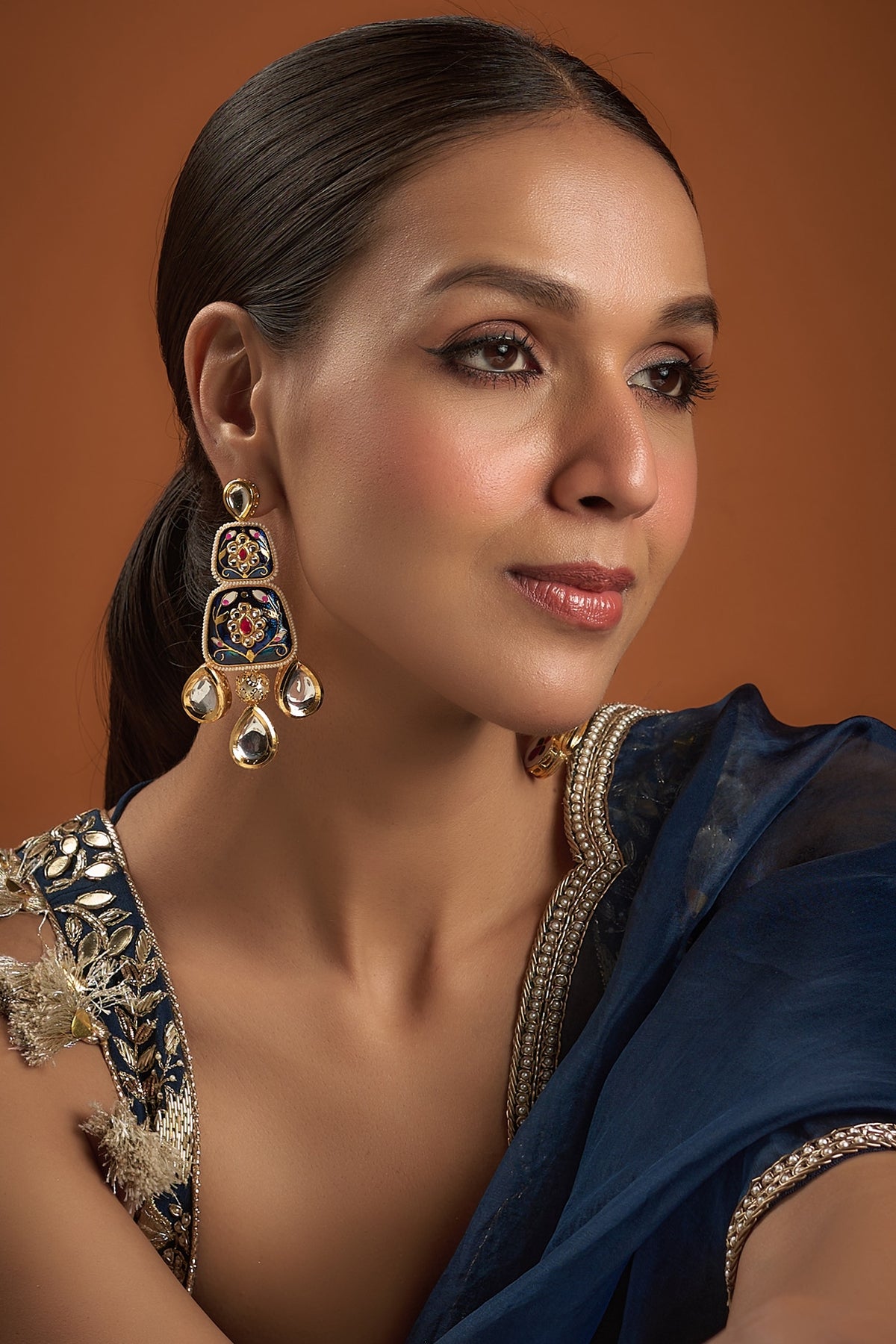 Gold Finish Kundan Polki Blue Meenakari Dangler Earrings