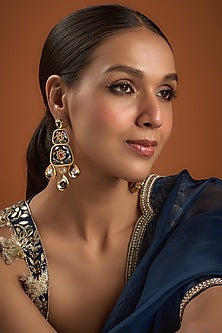 Gold Finish Kundan Polki Blue Meenakari Dangler Earrings
