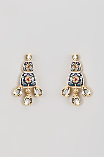 Gold Finish Kundan Polki Blue Meenakari Dangler Earrings