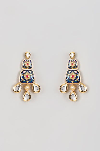Gold Finish Kundan Polki Blue Meenakari Dangler Earrings